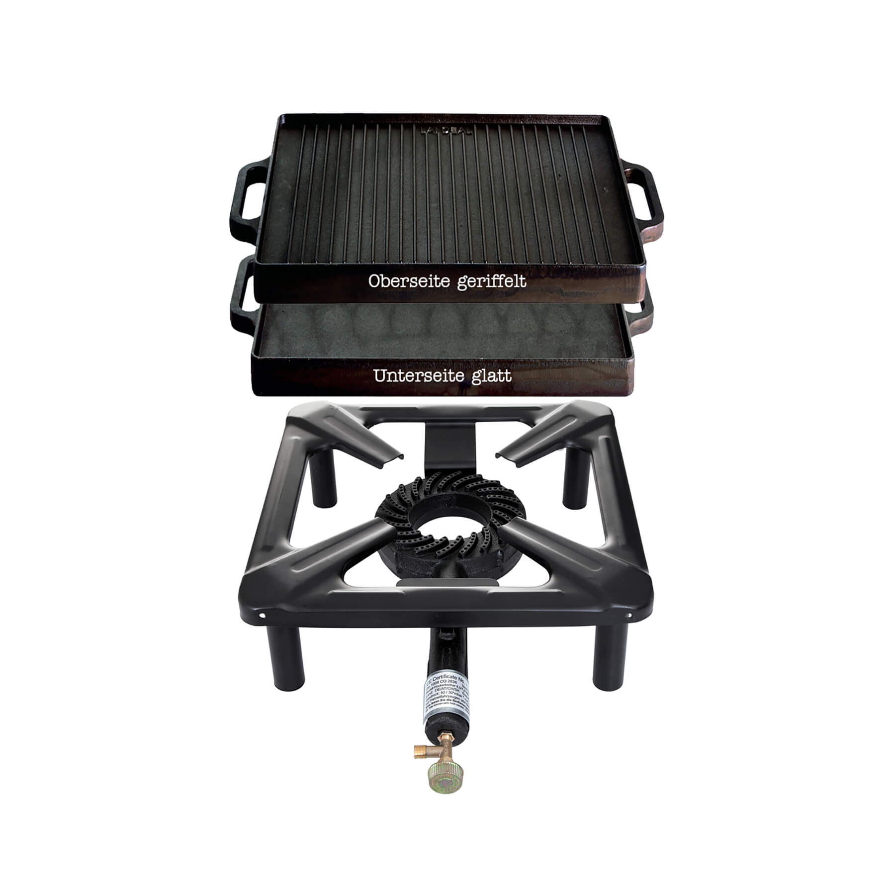 Paella World® Hockerkocher Set mit Gusseisengrillplatte 32x32cm