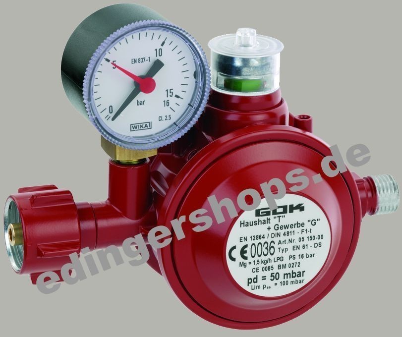 GOK Gasdruckregler / Gasregler für Innen 50mbar 1,5kg/h