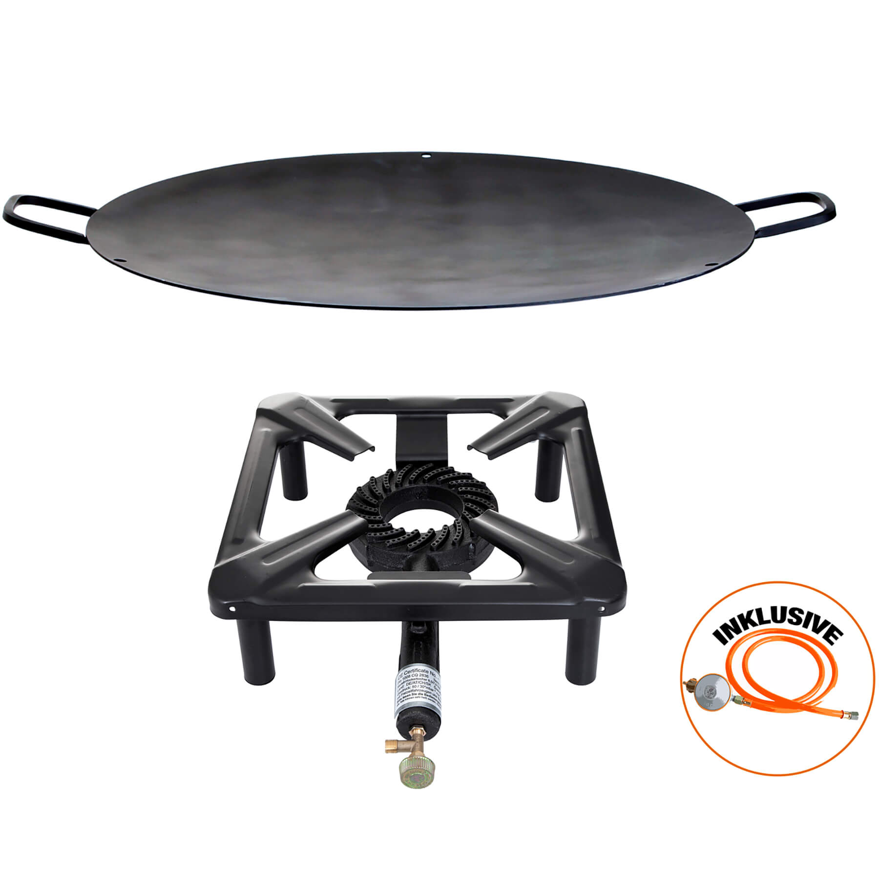 Paella World® Hockerkocher Set mit Eisenwok Grillschale Ø50cm Schlauch