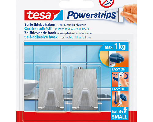 tesa® Powerstrips Haken S Metall Eckig 2 Haken und 4 Strips Small