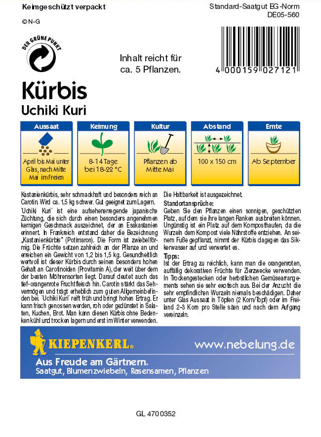 Saatgut Kürbis, Speise- Hokkaido-Kürbis 'Uchiki Kuri'