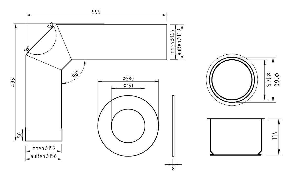 Ofenrohr / Rauchrohr - Set Ø150mm Standard-Anschlussset titan