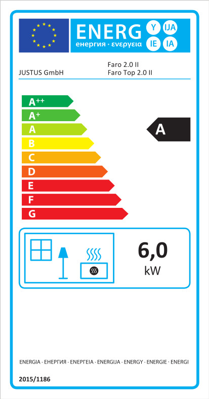 Energielabel Kaminofen Justus Faro 2.0 raumluftunabhängig Stahl grau Speckstein 6kW