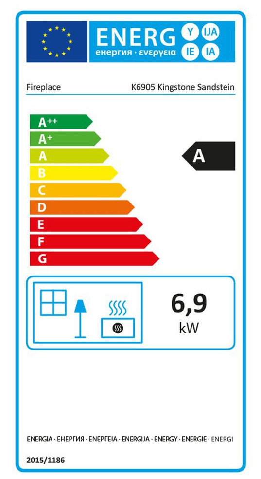 Energielabel Fireplace Kingstone Kaminofen Stahl mit Sandsteineinsatz 6kW