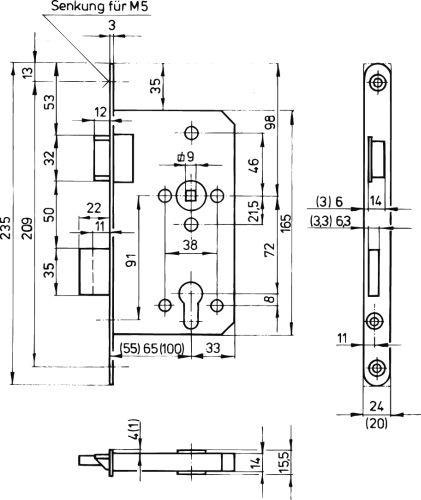 Bever Einsteckschloss für Stahltür PZ 65/92/9 DIN RE 24mm Stulp silber