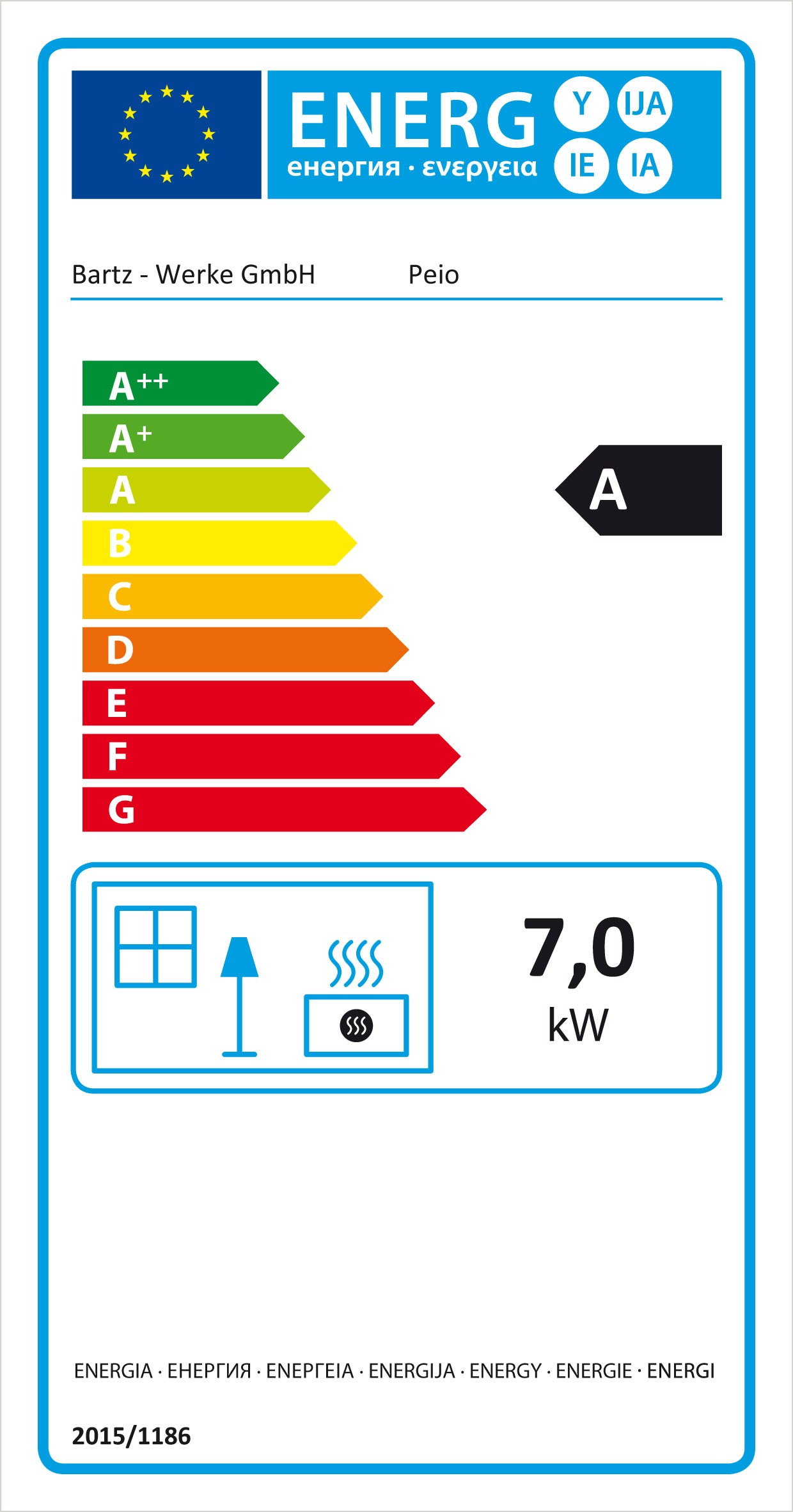 Energielabel Kaminofen Bartz Peio raumluftunabhängig Naturstein Snow 7kW