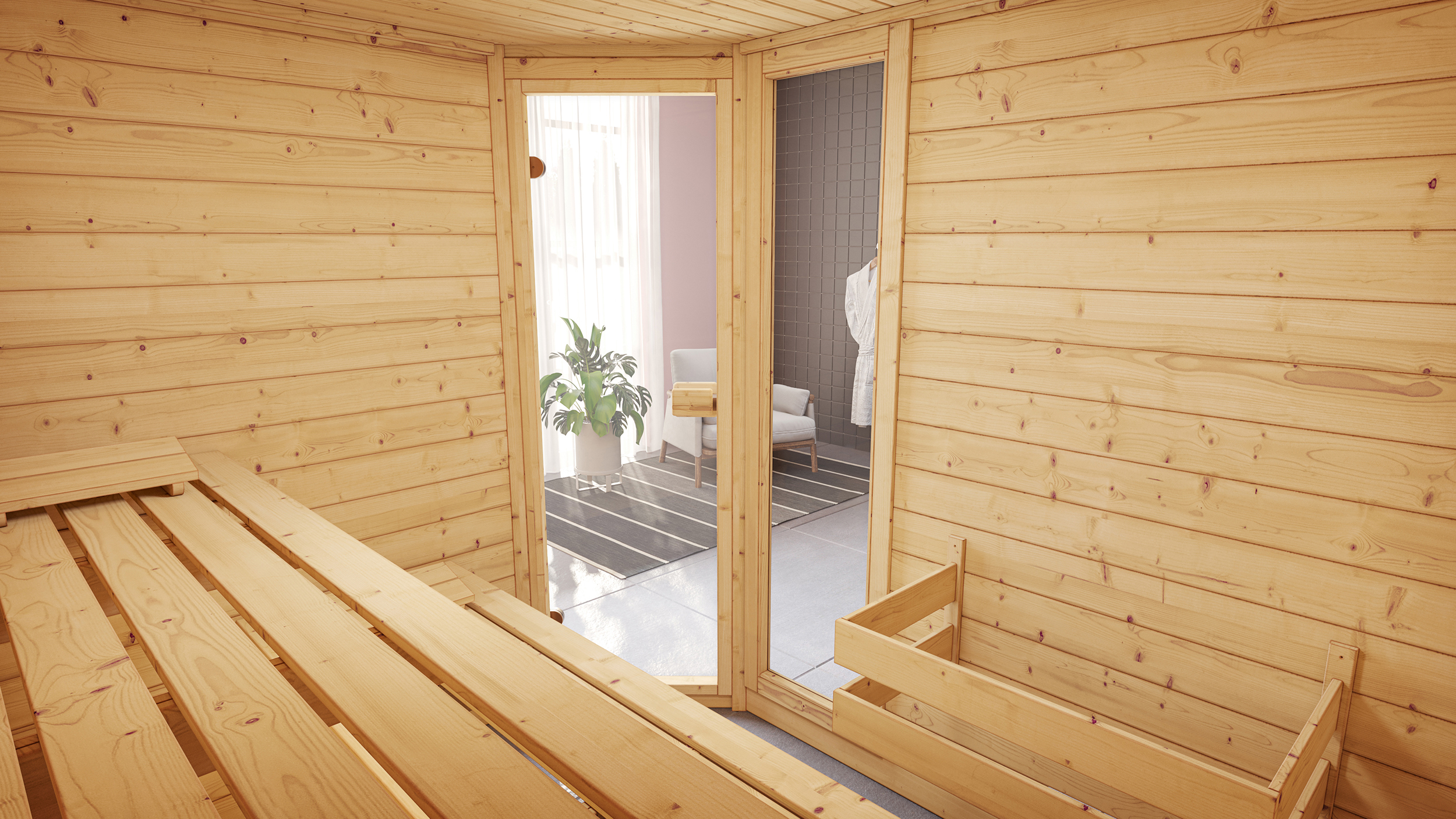 Weka Massivholzsauna VALIDA Eck 3 Glastür mit Fenster