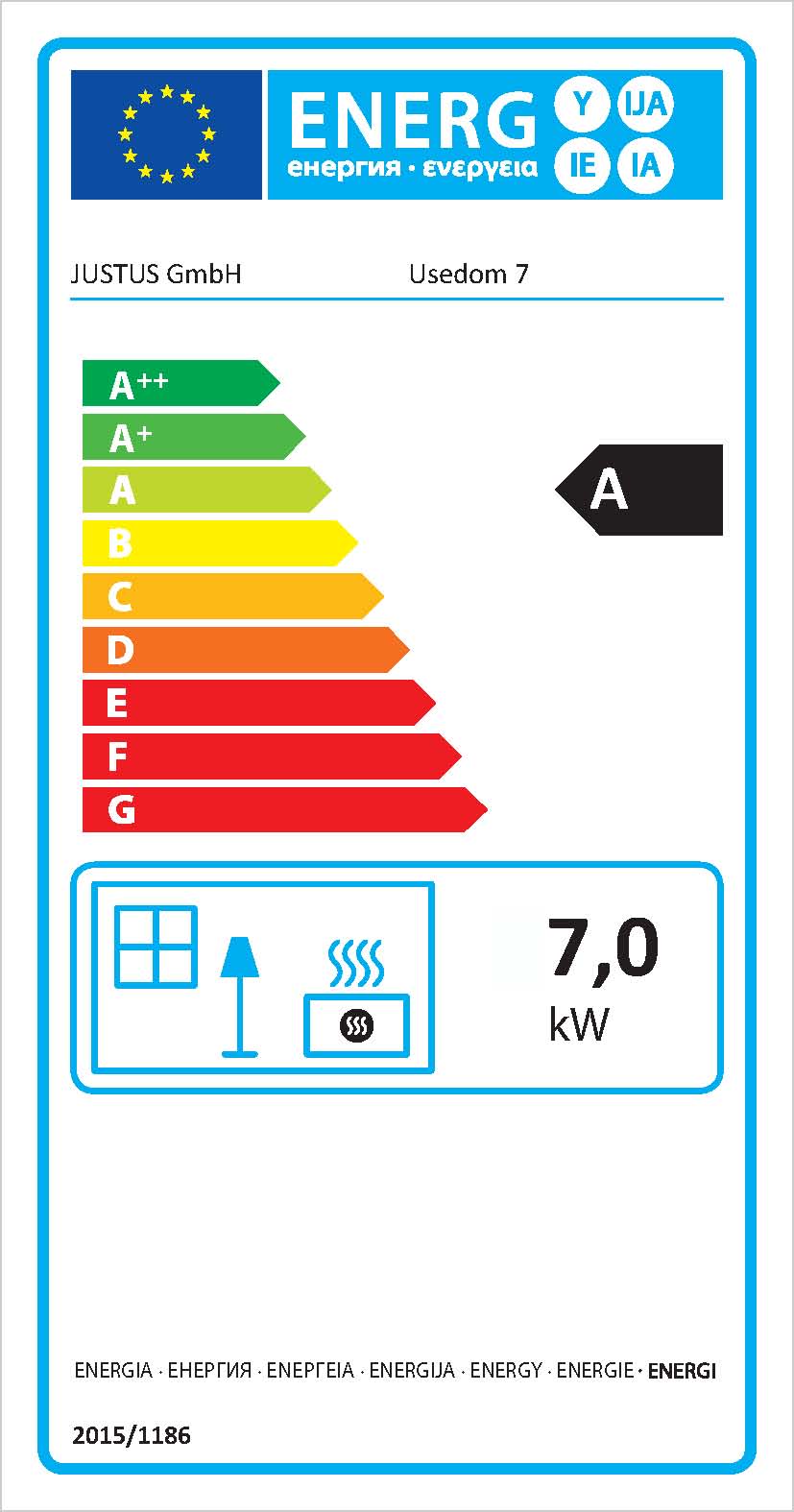 Energielabel Kaminofen Justus Usedom 7 raumluftunabhängig Speckstein 7 kW