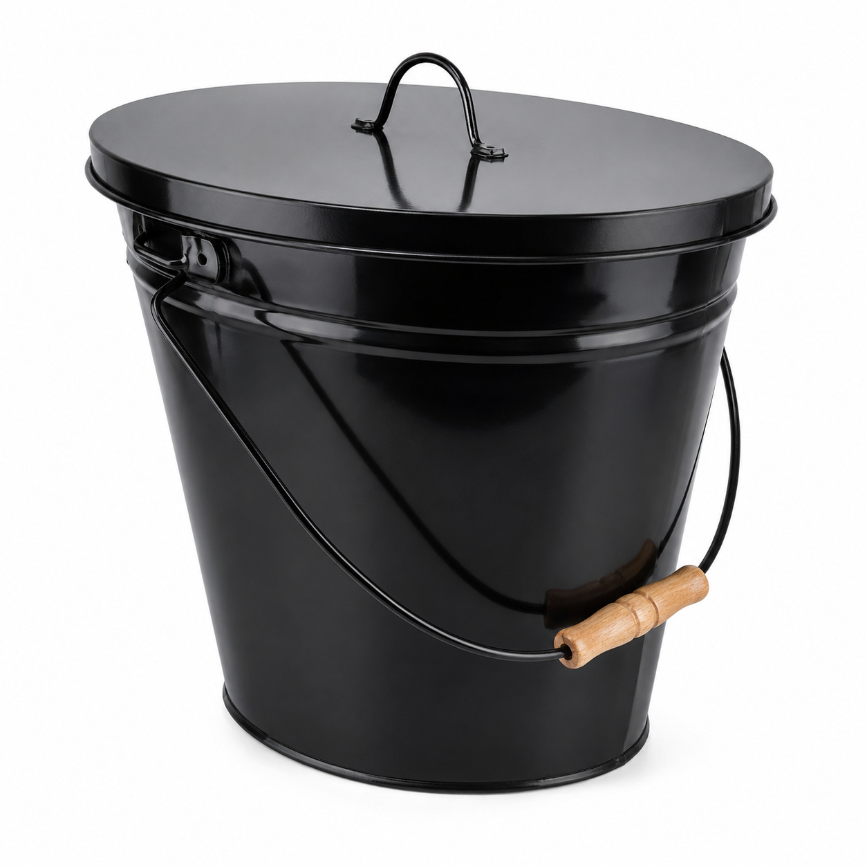 Ascheeimer 22 l schwarz aus Stahl mit Deckel und Holzgriff