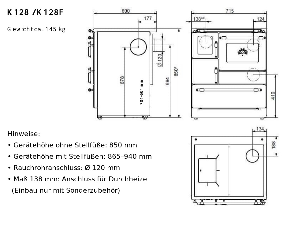 Wamsler K 128 C Küchenherd maron 7 kW Ceranfeld rechts