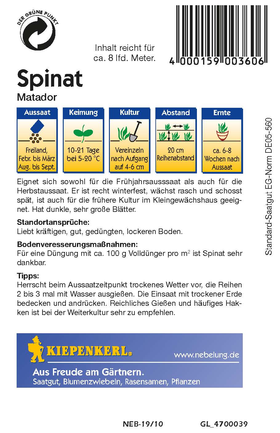 Saatgut Spinat Matador