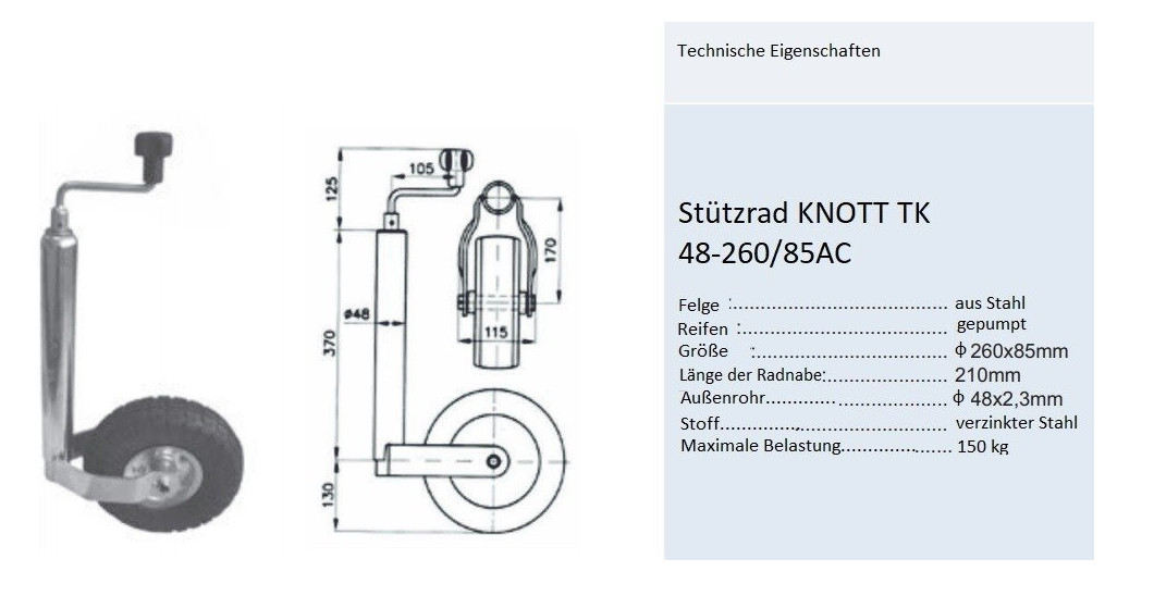 Stützrad KNOTT TK 48-260/85AC 150 kg UNITRAILER