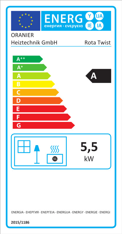 Energielabel ORANIER® Kaminofen Rota Twist Abdeckplatte Seidenweiß 5,5kW