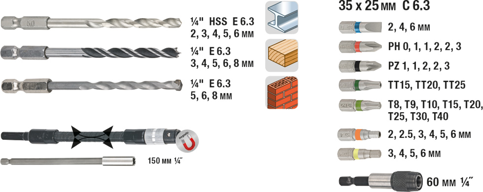 Bit- und Bohrer-Set für Holz, Stein und Metall 67-tlg.