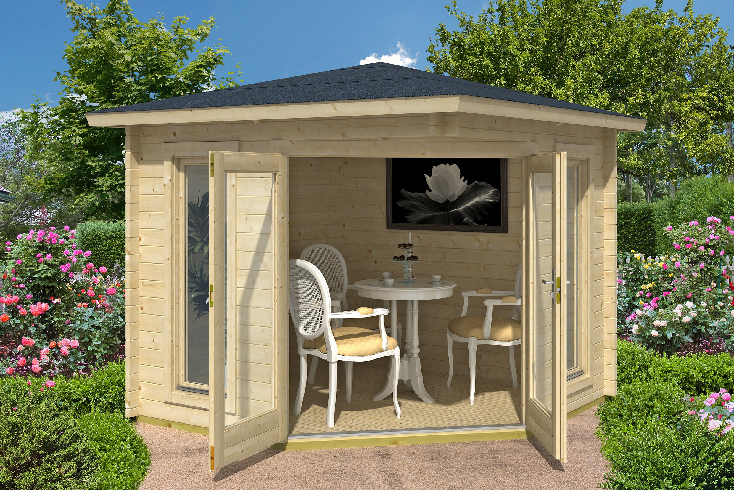 5-Eck Gartenhaus 408, natur, 40 mm, DT, 2 lange FE
