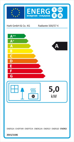 Energielabel Kaminbausatz Hark Nebraska mit Radiante 500/57K Marmor Bank rechts 5kW