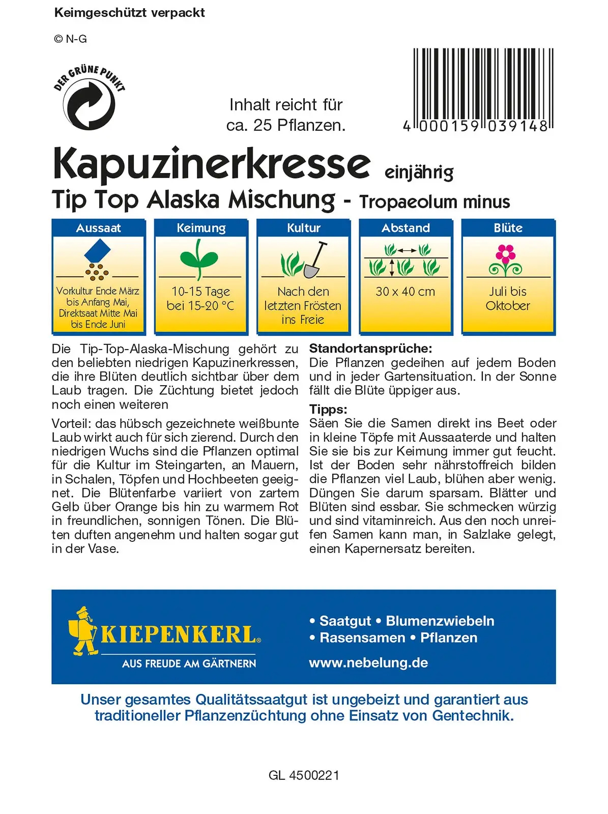Kiepenkerl® Profi-Line Kapuzinerkressesamen Tip-Top Alaska