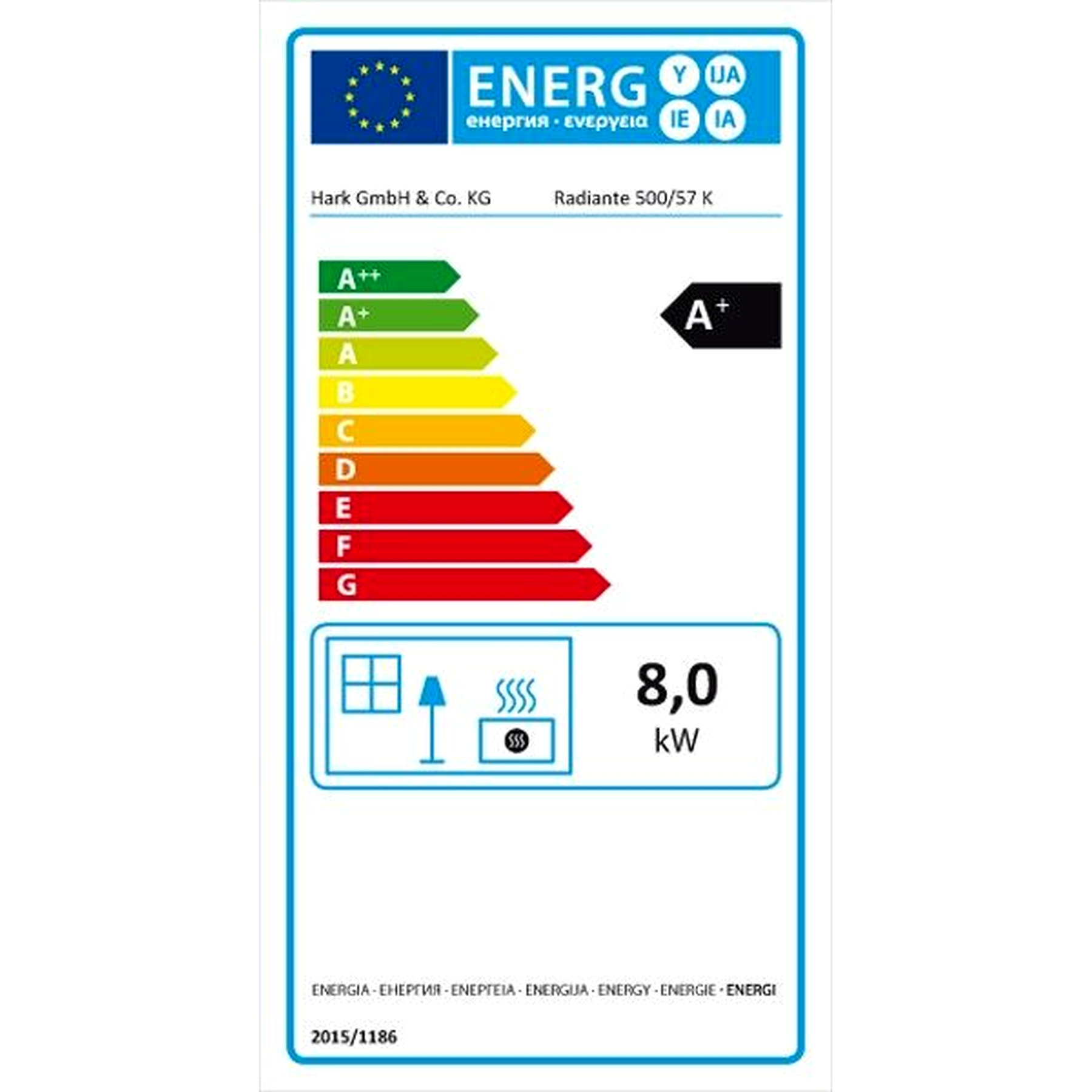 Energielabel Kaminbausatz Hark Nebraska mit Radiante 500/57 K Marmor Bank links 8kW