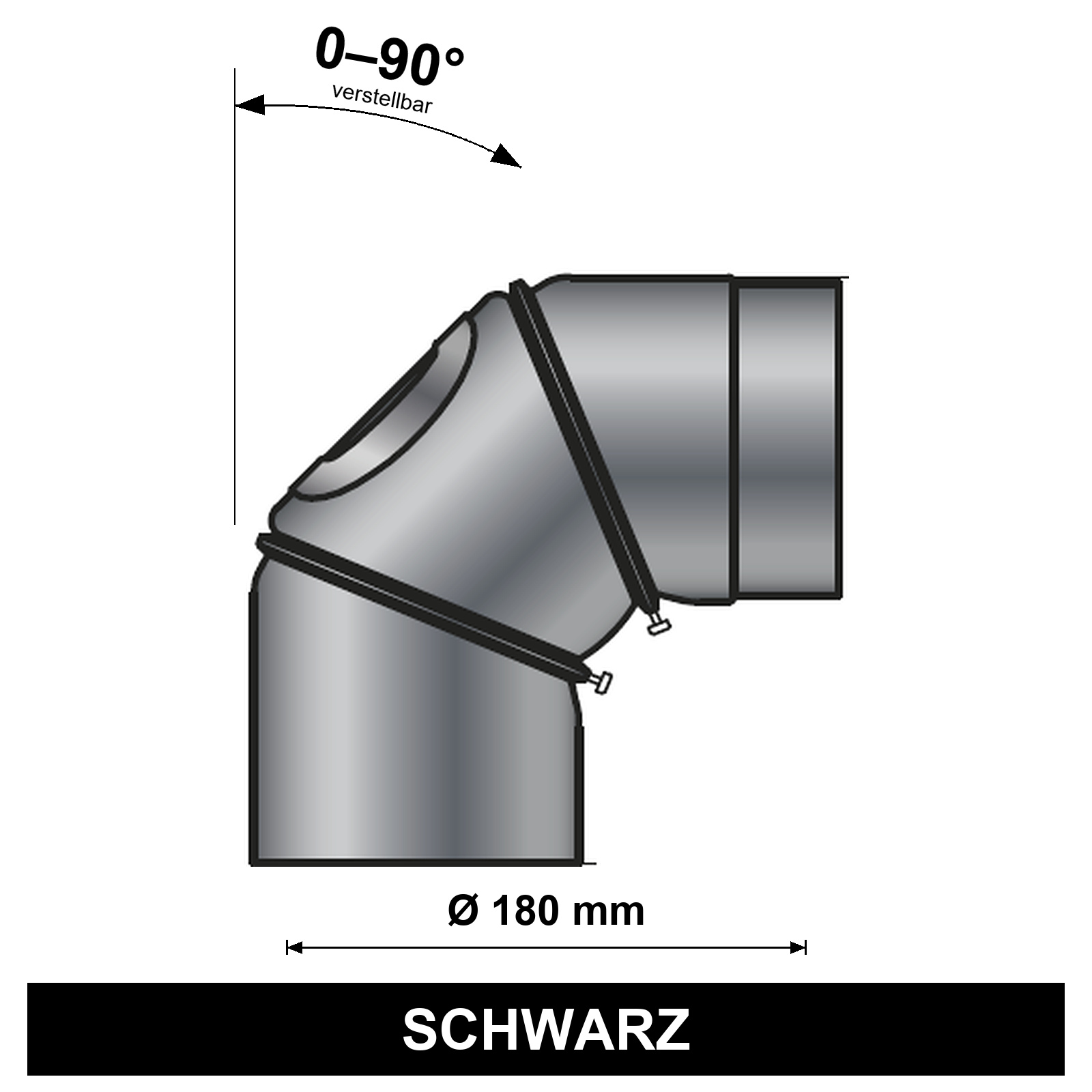 ediFire Bogen 0-90° Ø 180 mm, 3-teilig, mit Reinigungsöffnung, schwarz