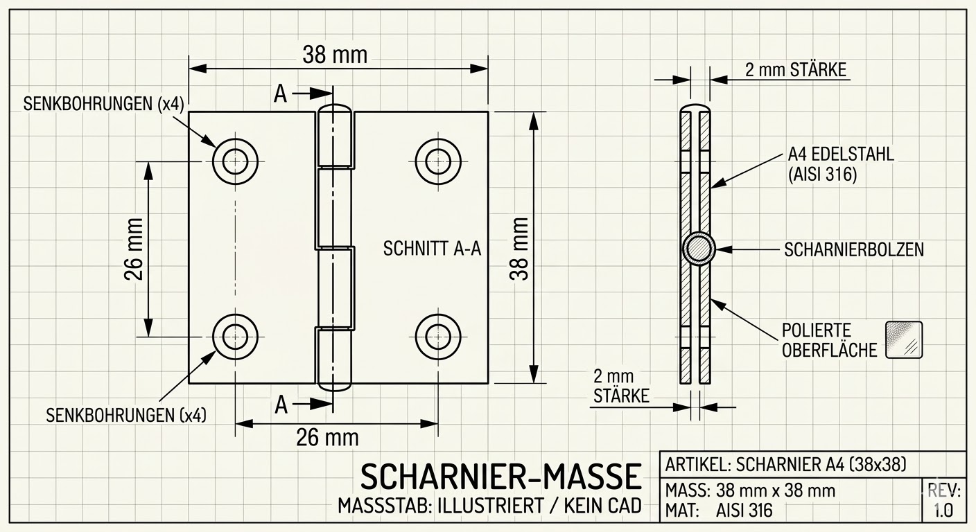 Hochwertiges Klappscharnier aus Edelstahl A4 – Rostfrei & Poliert