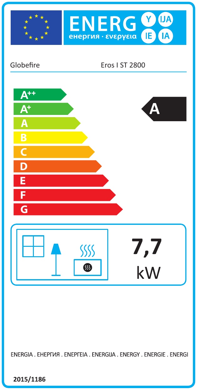 Energielabel Globe Fire Eros I Kaminofen raumluftunabhängig schwarz 7,7 kW