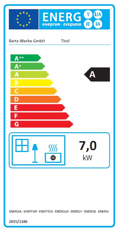 Energielabel Kaminofen Bartz Tirol raumluftunabhängig Naturstein 8kW