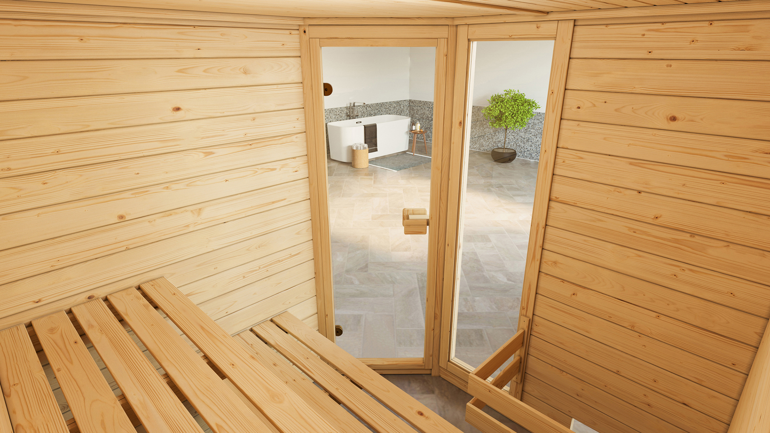 Weka Massivholzsauna VALIDA Eck 2 Glastür mit Fenster