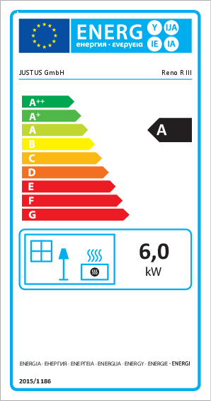 Energielabel Kaminofen Justus Reno D raumluftunab. DIBt Speckstein Dauerbrand 6 kW