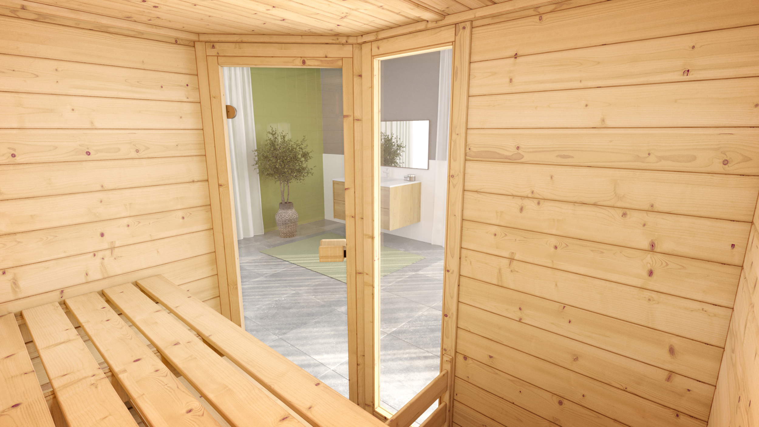 Weka Massivholzsauna VALIDA Eck 1 Glastür mit Fenster
