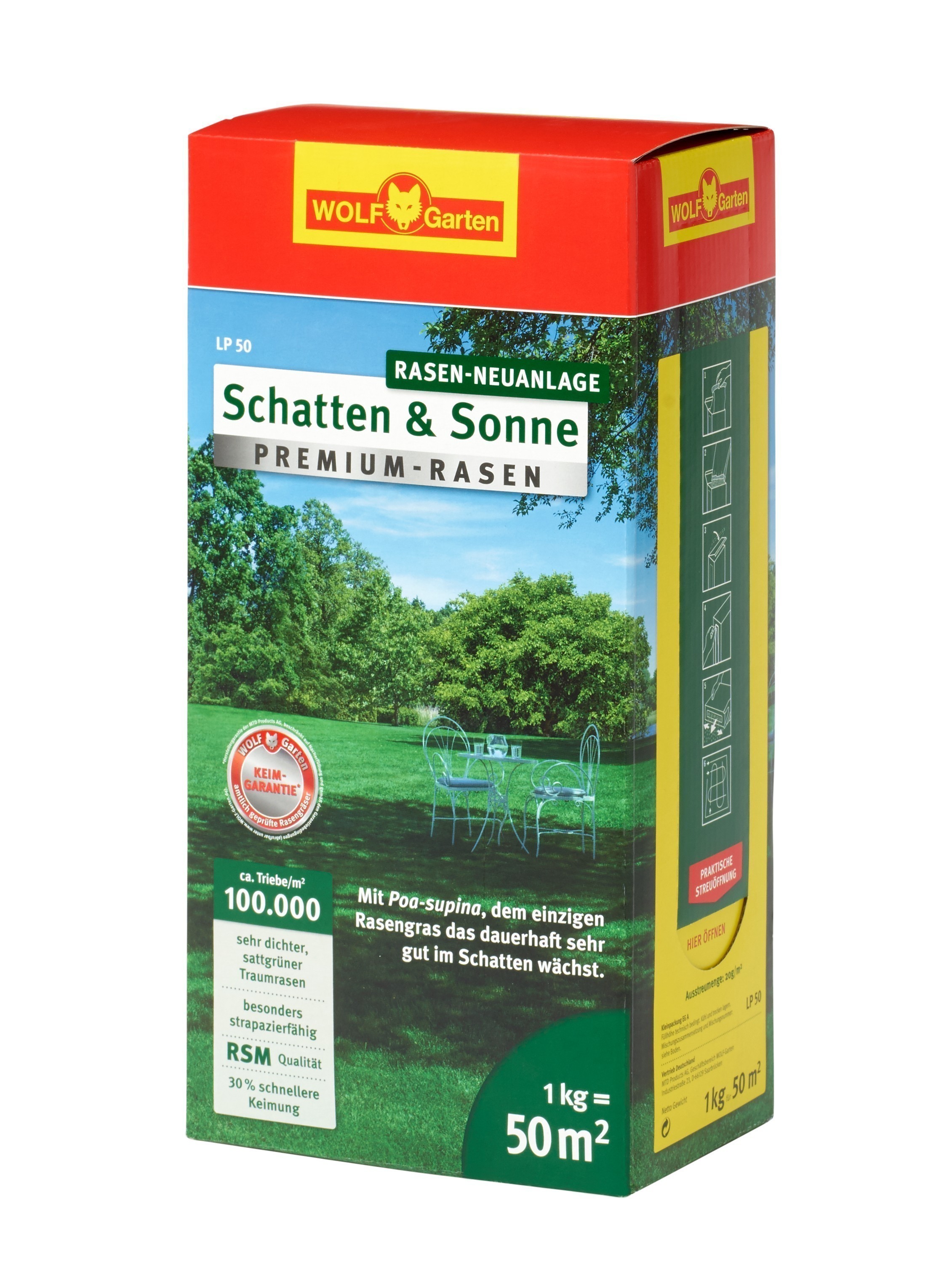 Wolf Garten Premium-Rasen Saatgut Schatten & Sonne LP50 für 50m²