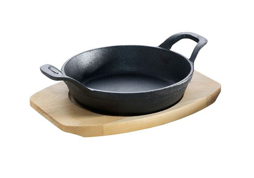 Gusseisenkuss® Gusseisenpfännchen 2 Griffe Ø18cm Holzuntersetzer