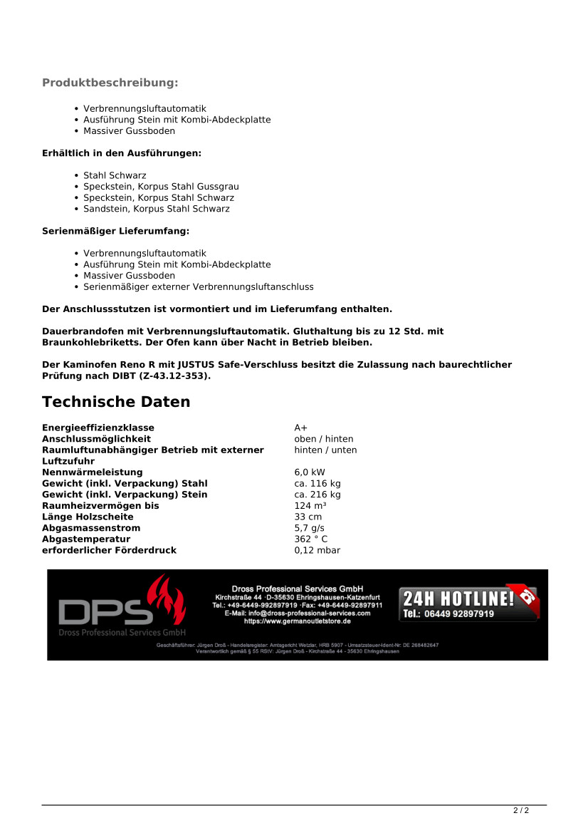 Kaminofen Justus Reno R raumluftunabhä. DIBt Sandstein Dauerbrand 6 kW bei